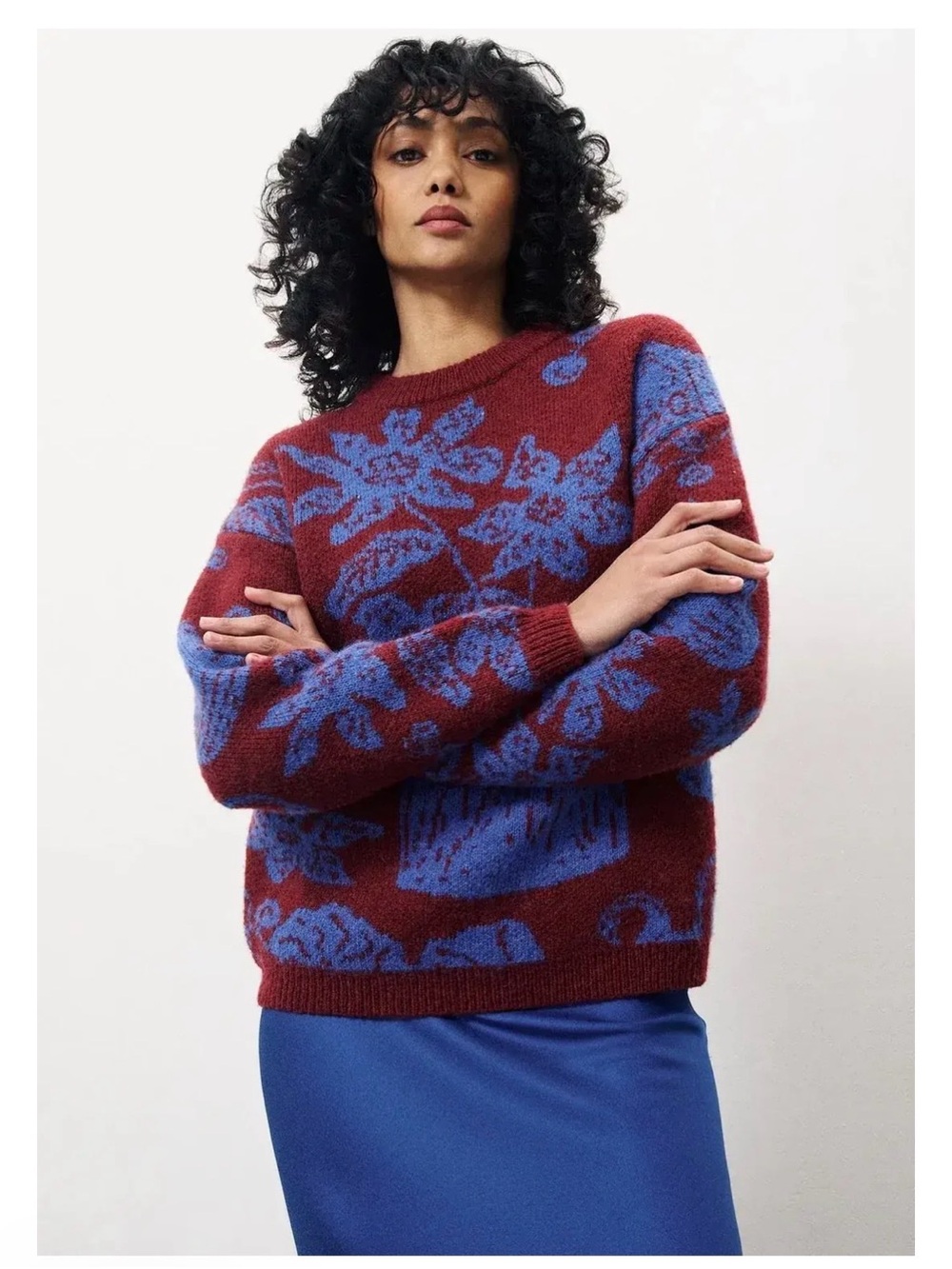 FRNCH Paris Women's Crewneck Floral Sweater in Burgundy and Blue